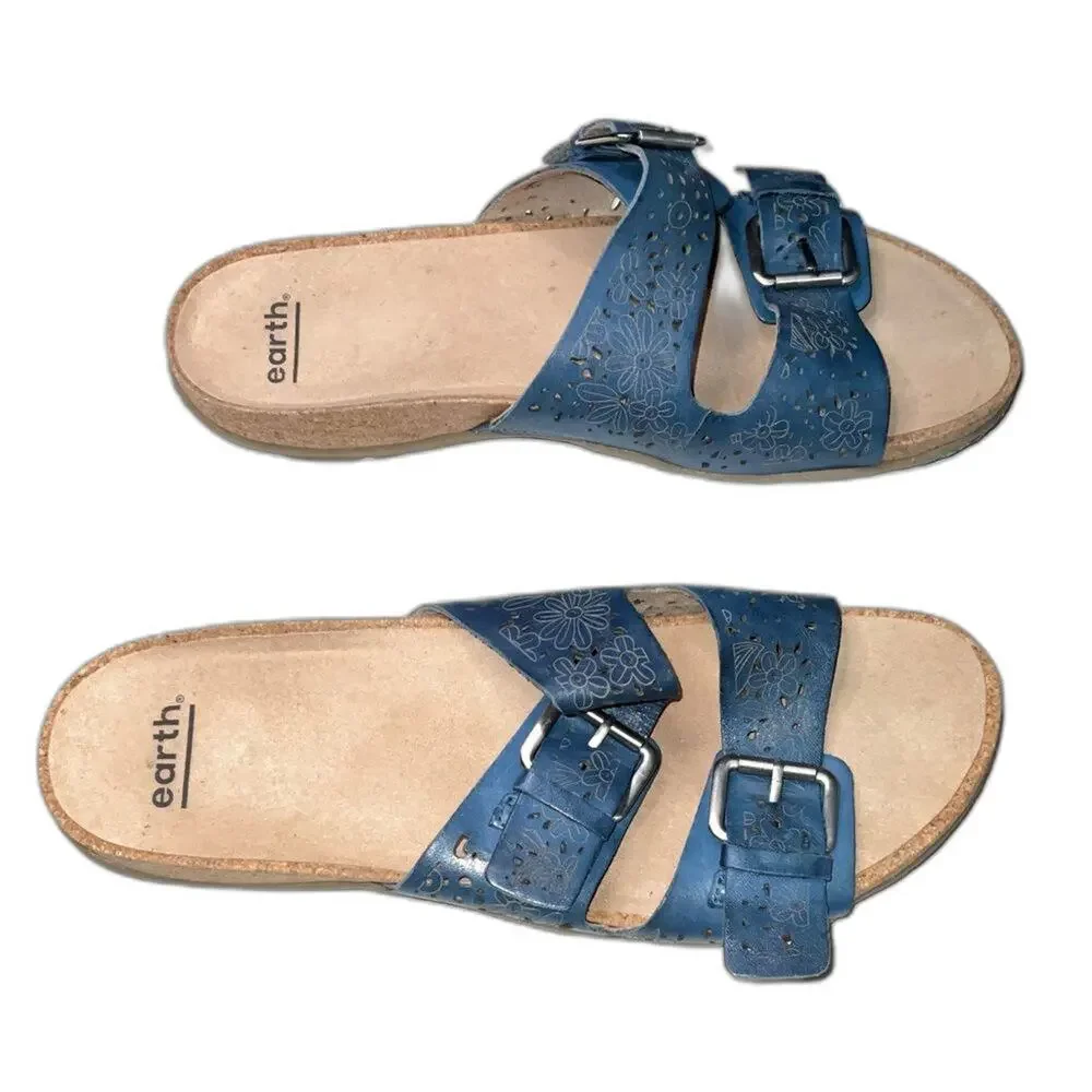 Earth Sandals Sand Antigua Blue Leather Slides Size 11M